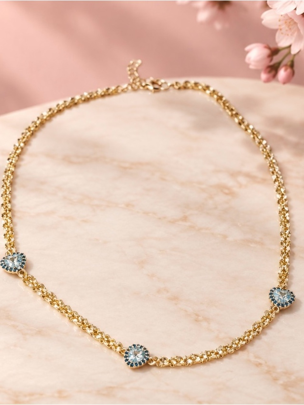 Gold Chain Necklace with Blue evil eye Gem Accents